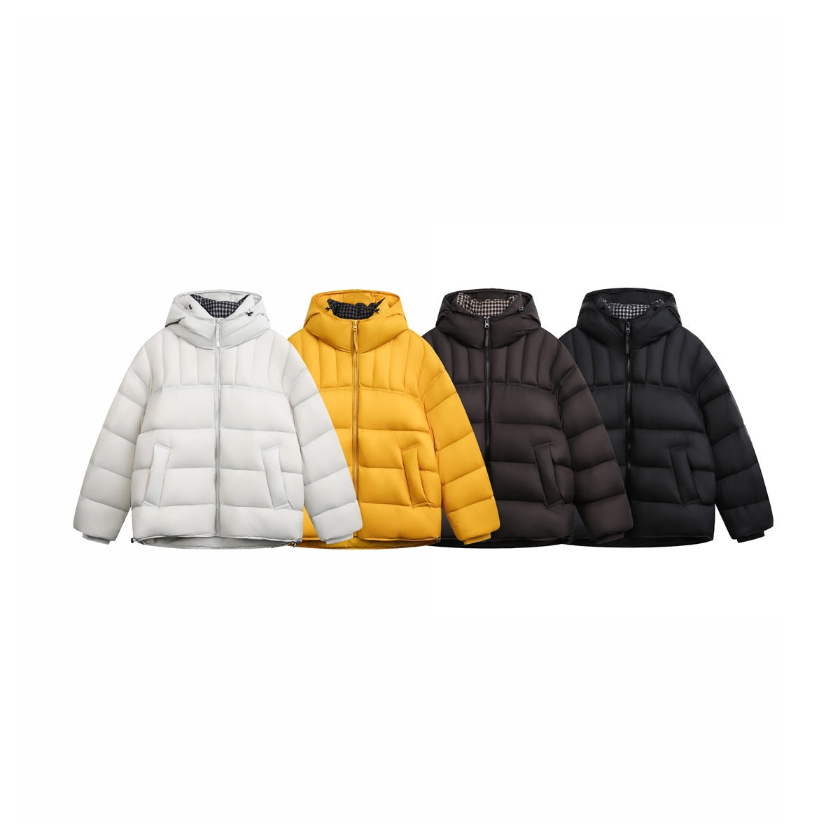 Four hooded puffer jackets shown from the front in white, yellow, dark brown and black.