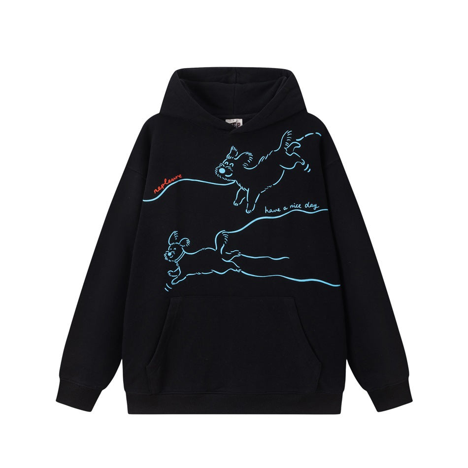 Black pullover hoodie with kangaroo pocket and light blue line-art running dogs print on the front