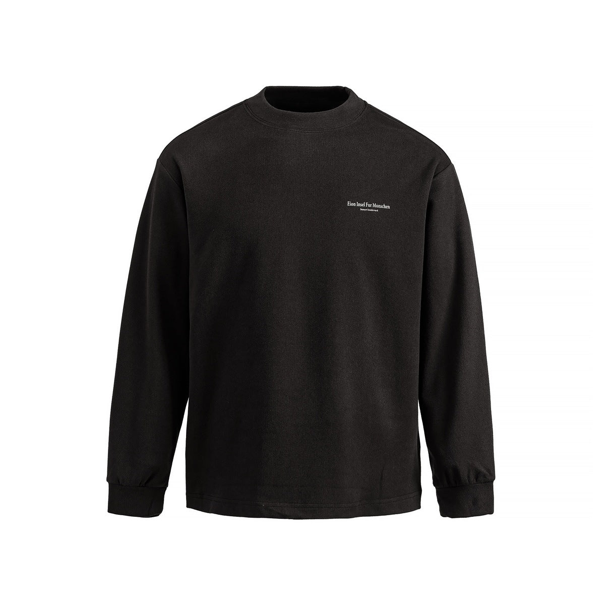 Black long-sleeve mock-neck top with ribbed cuffs and small white text print on left chest, flat front view
