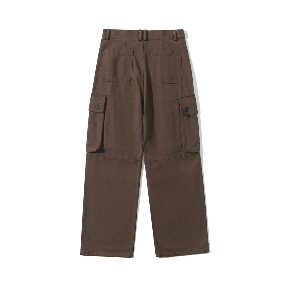 Back view of brown wide-leg cargo pants with two rear pockets and buttoned side cargo pockets.