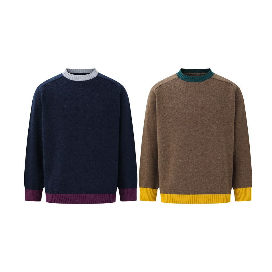Two crew-neck sweaters shown front-on: navy with light gray and burgundy trim, and brown with teal and mustard trim.