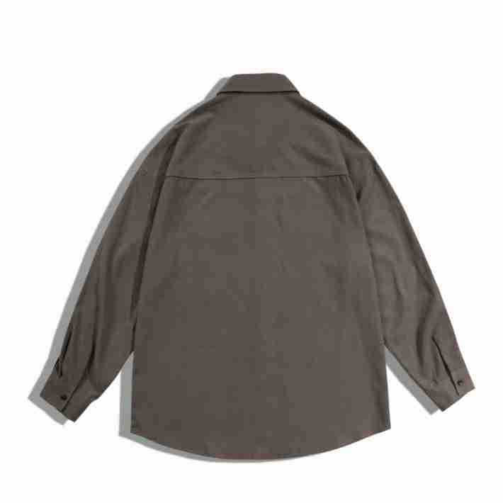 Small, low-resolution back view of a dark gray long-sleeve shirt with a collar and horizontal shoulder yoke.