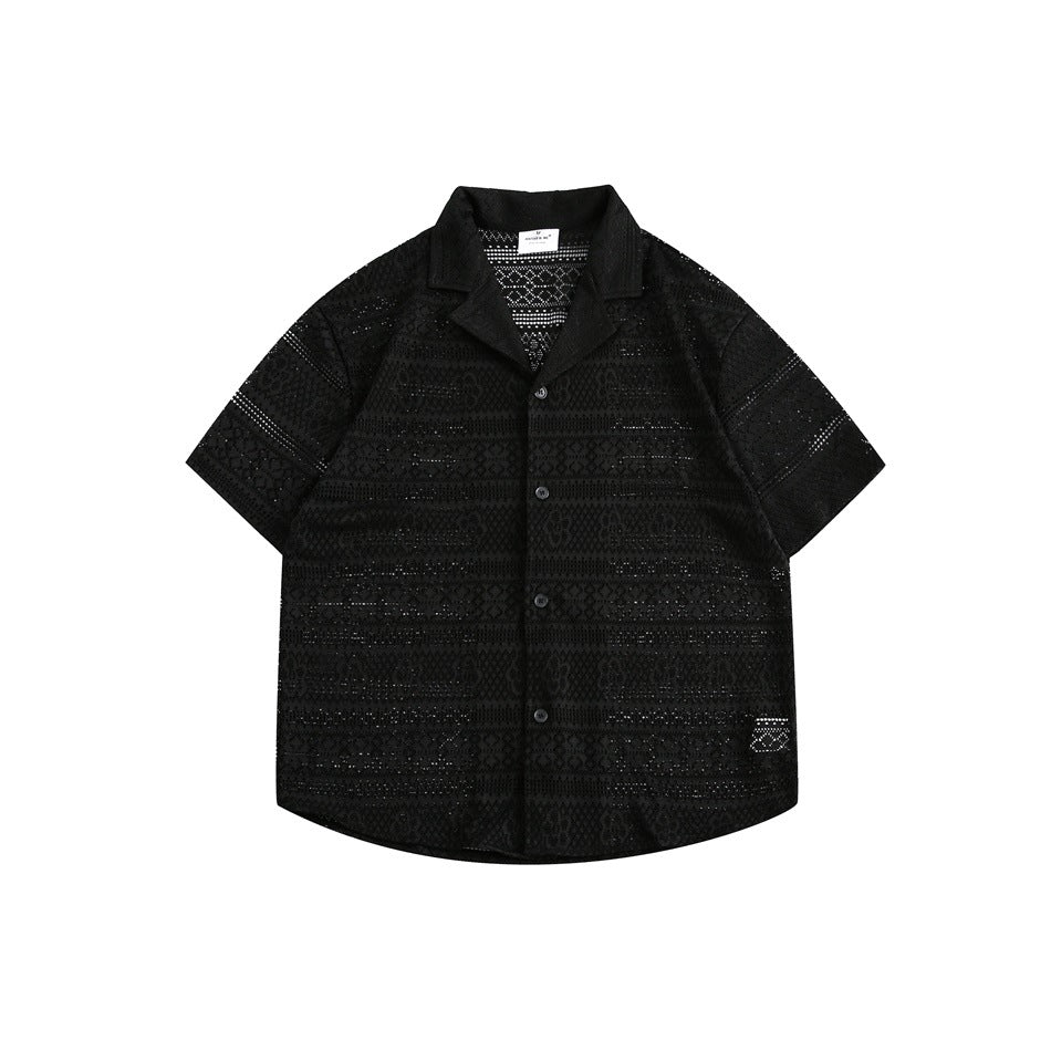 Black openwork lace-pattern short-sleeve shirt with camp collar and button front, flat lay