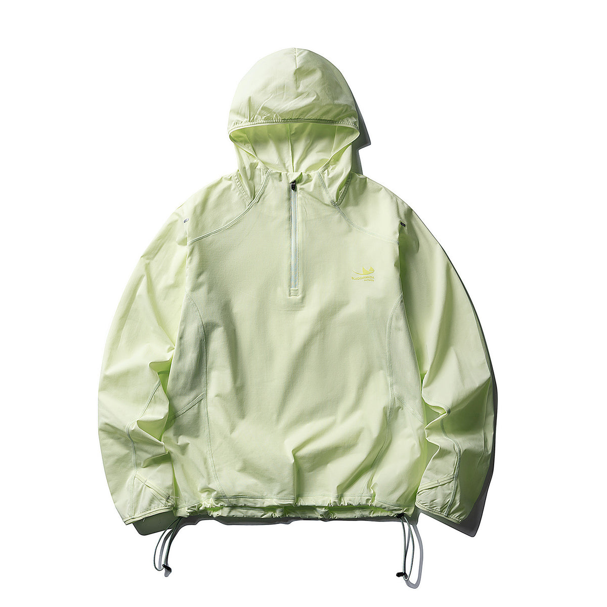Pale mint green hooded half-zip jacket, flat front view, with drawstring hem and side mesh panels