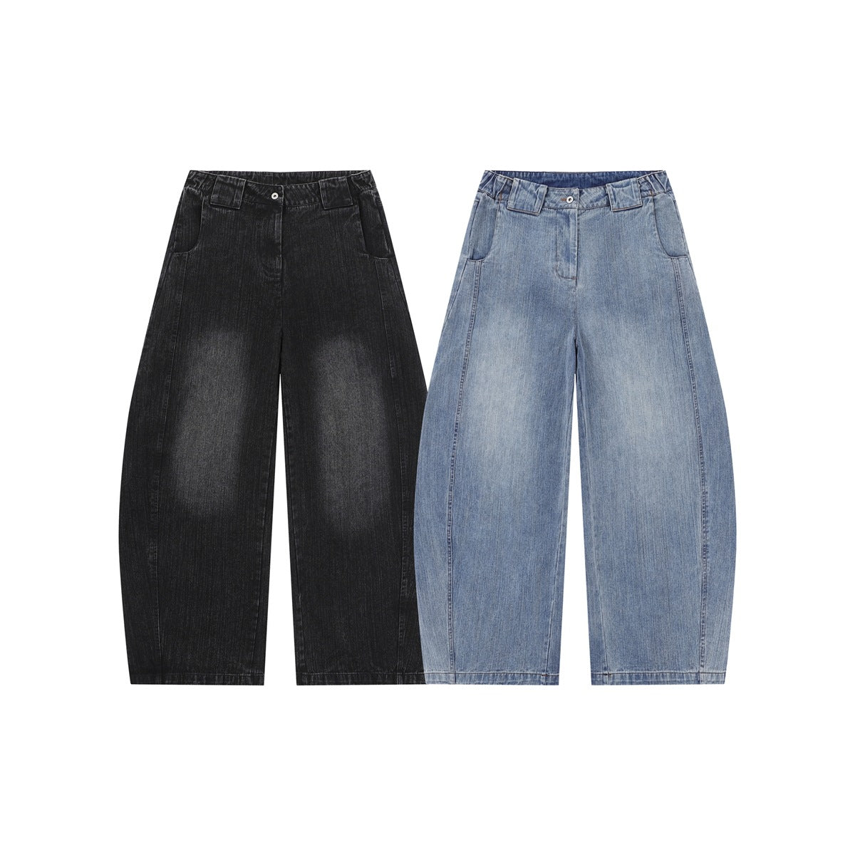 Two pairs of wide-leg jeans shown from the front: one black and one light blue, each with front pockets.