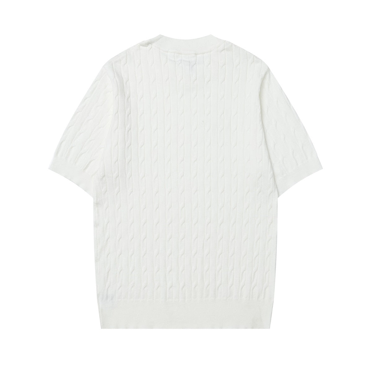 Back view of an ivory short-sleeve knit top with vertical cable-knit panels and ribbed neckline and hem.