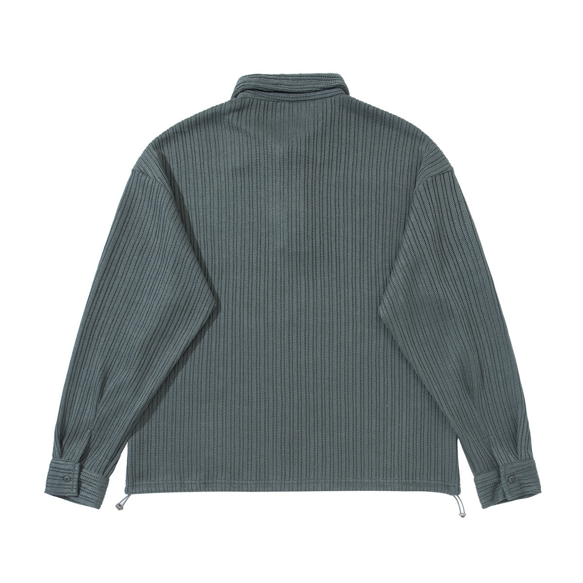 Back view of a dark teal long-sleeve rib-knit polo shirt with button cuffs and hem drawcords.