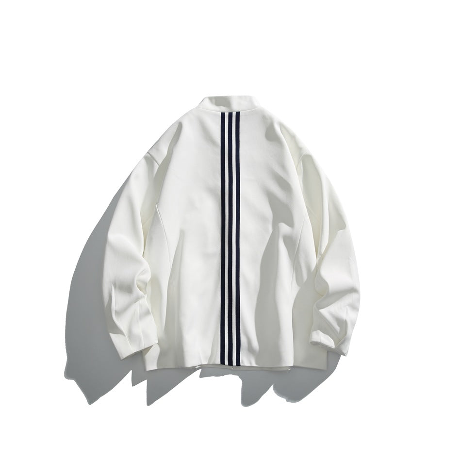 Back view of a white jacket with three narrow dark vertical stripes down the center.