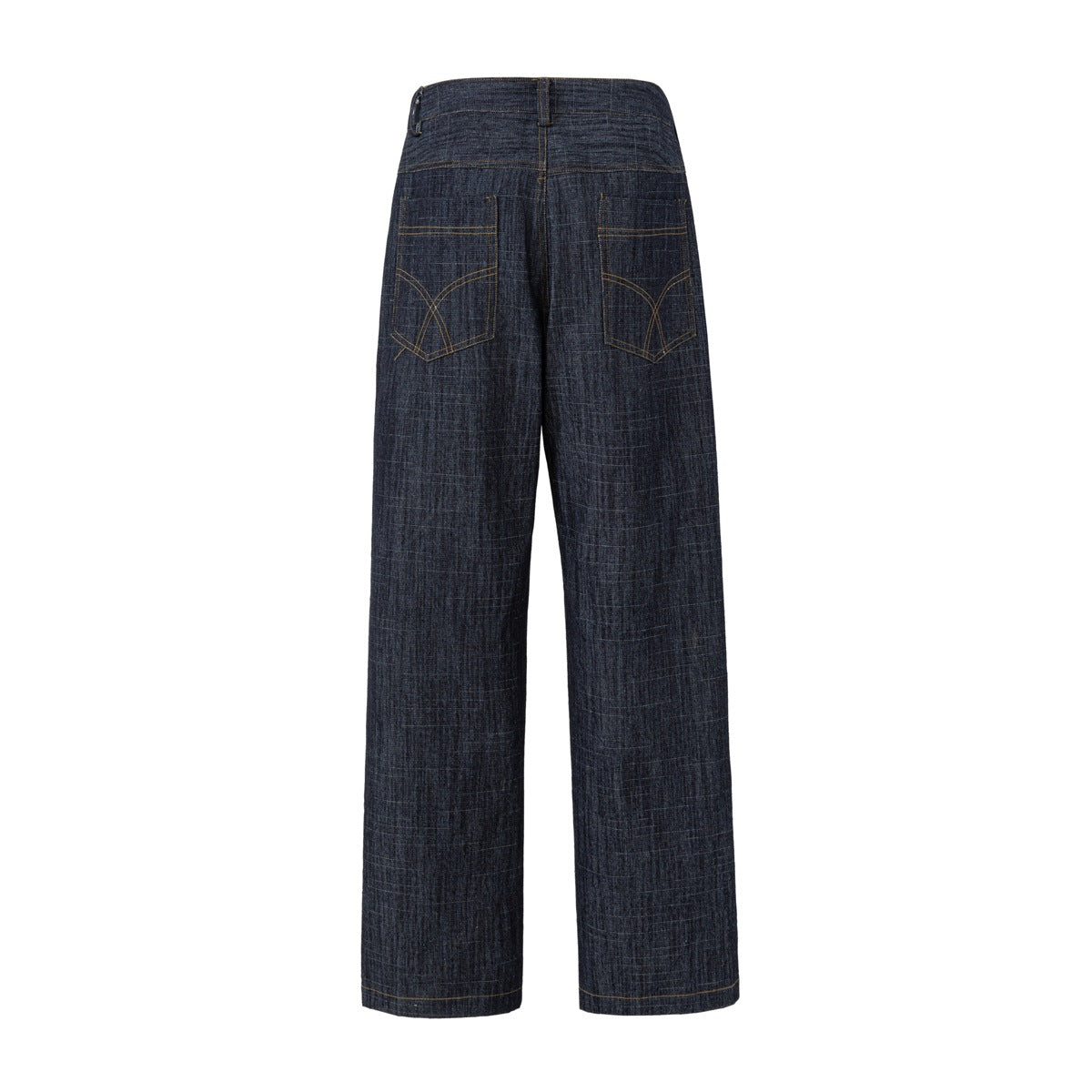 Rear view of dark indigo wide-leg pants with two decorative stitched back pockets, shown flat against white.