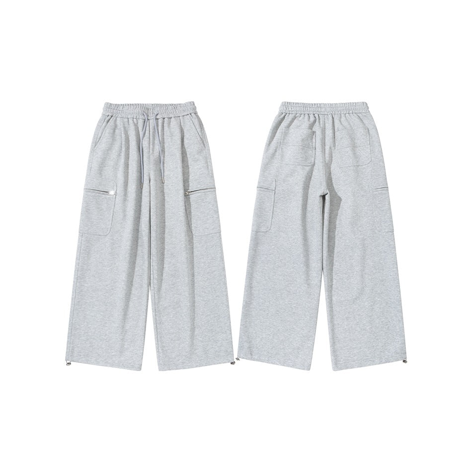 Light gray wide-leg sweatpants shown from the front and back, with drawstring waist and utility pockets.