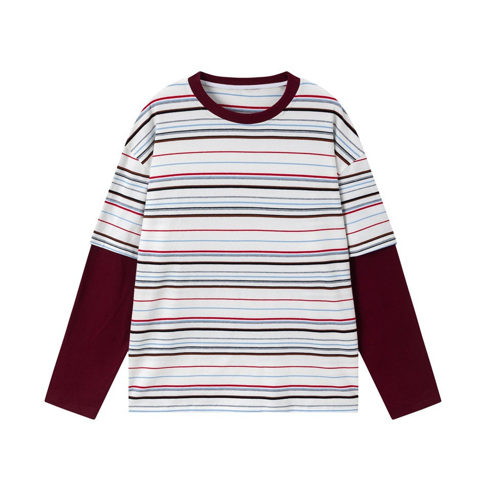 Flat front of a white striped long-sleeve top with burgundy collar and burgundy contrast sleeves