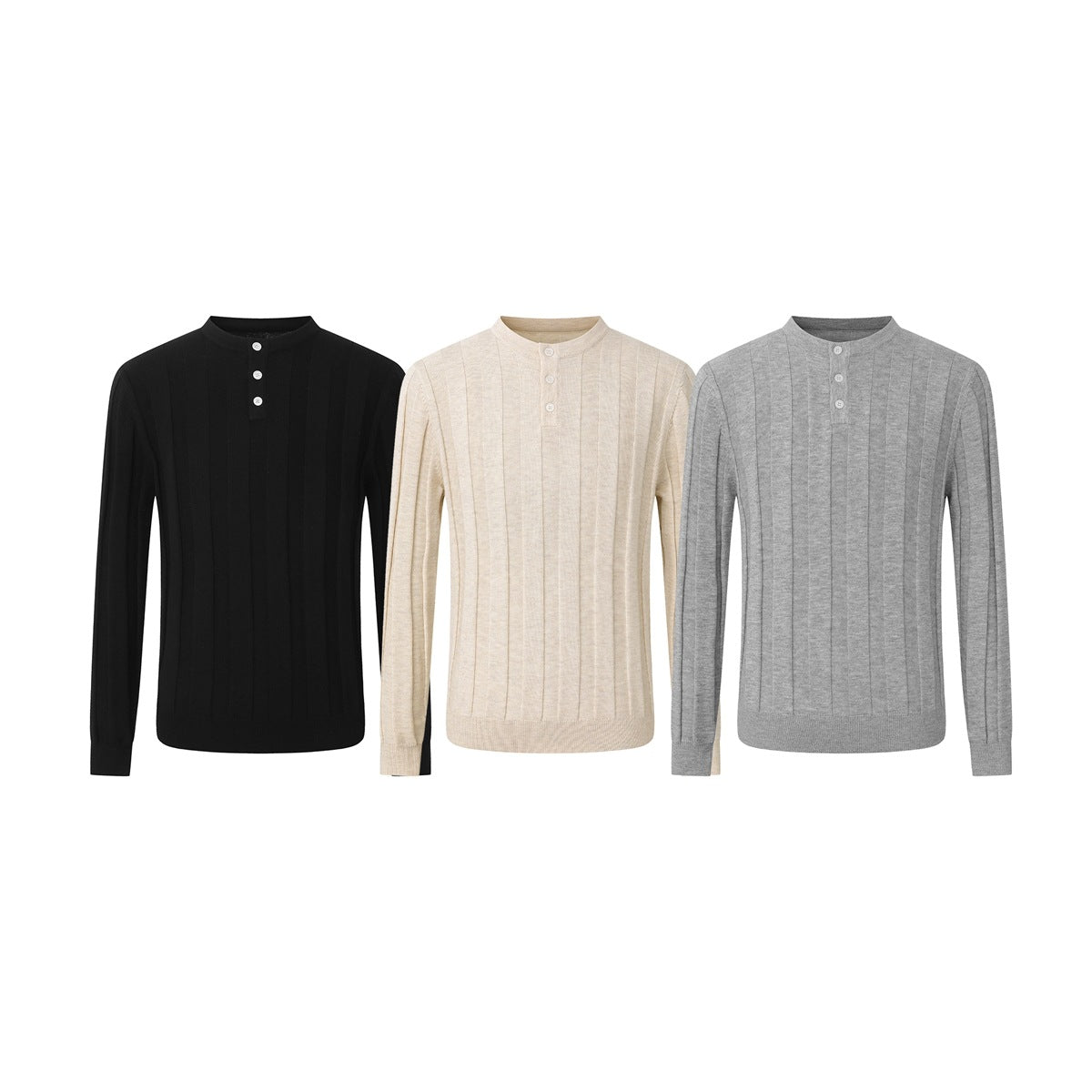 Three long-sleeve ribbed knit tops in black, cream, and gray, shown from the front.