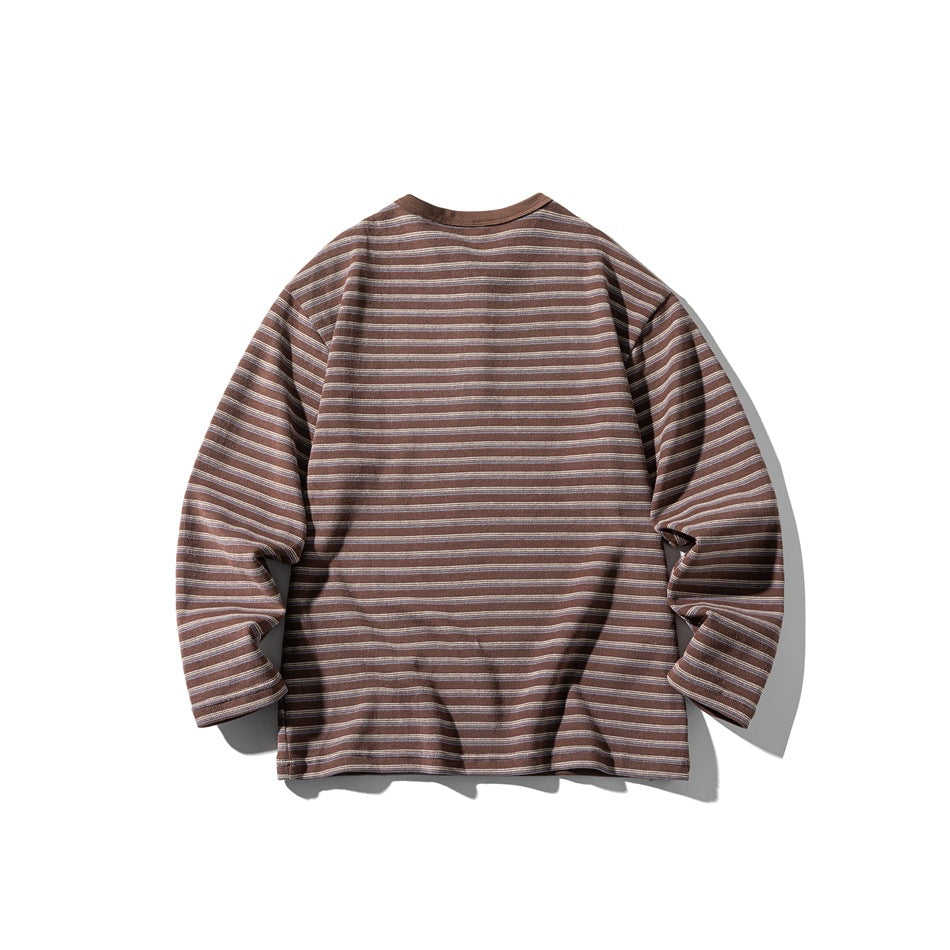 Back view of a brown and muted striped long-sleeve shirt, displayed flat against a white background.