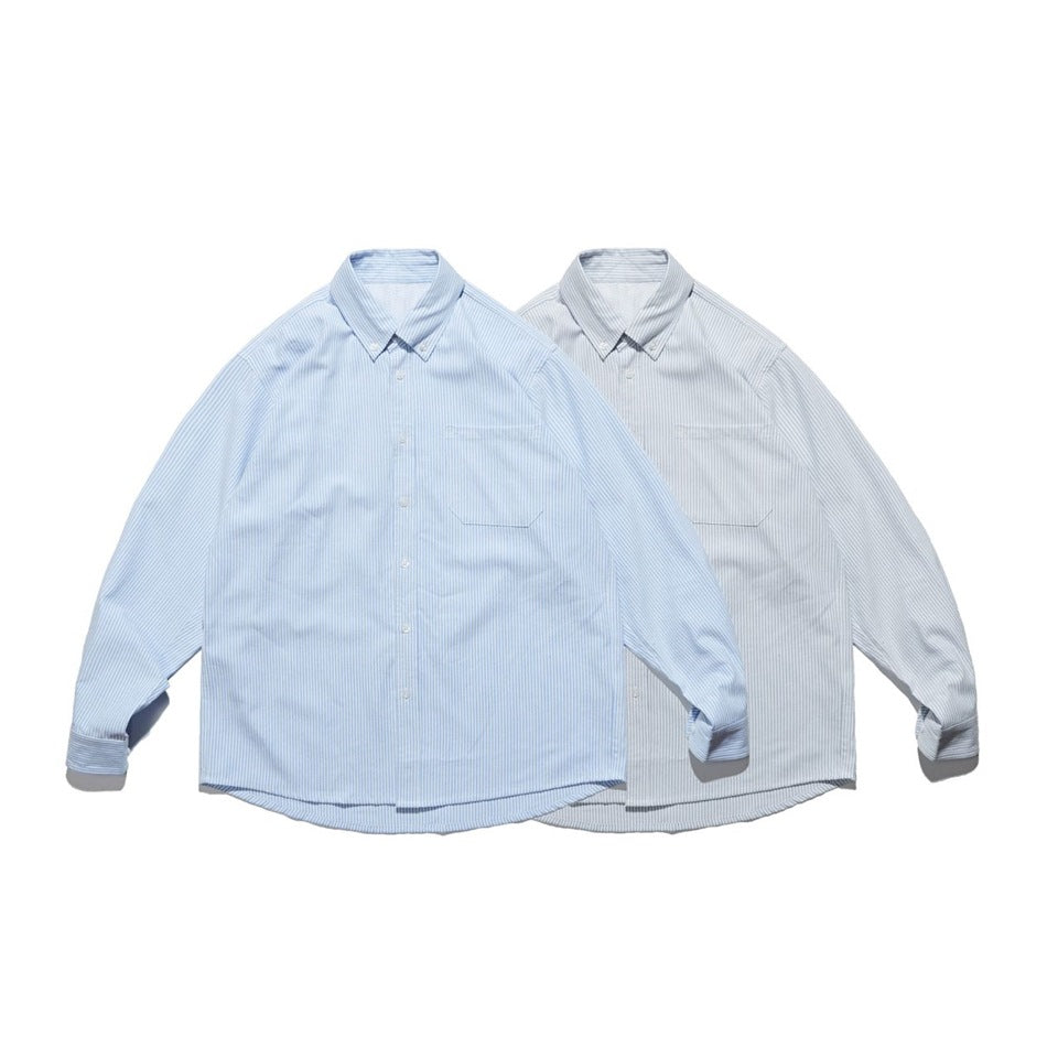 Two long-sleeved button-down shirts shown from the front, one light blue striped and one pale gray striped.