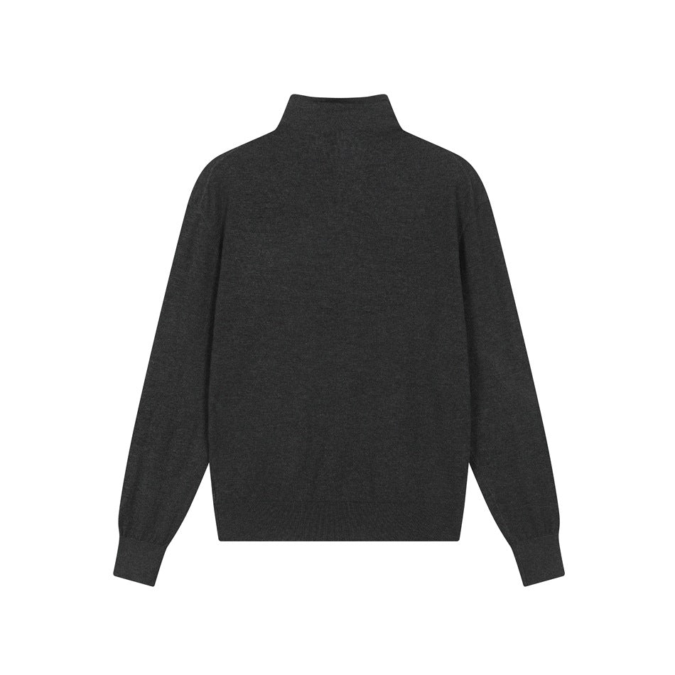 Back view of dark gray knit cardigan with stand collar, long sleeves and ribbed cuffs and hem