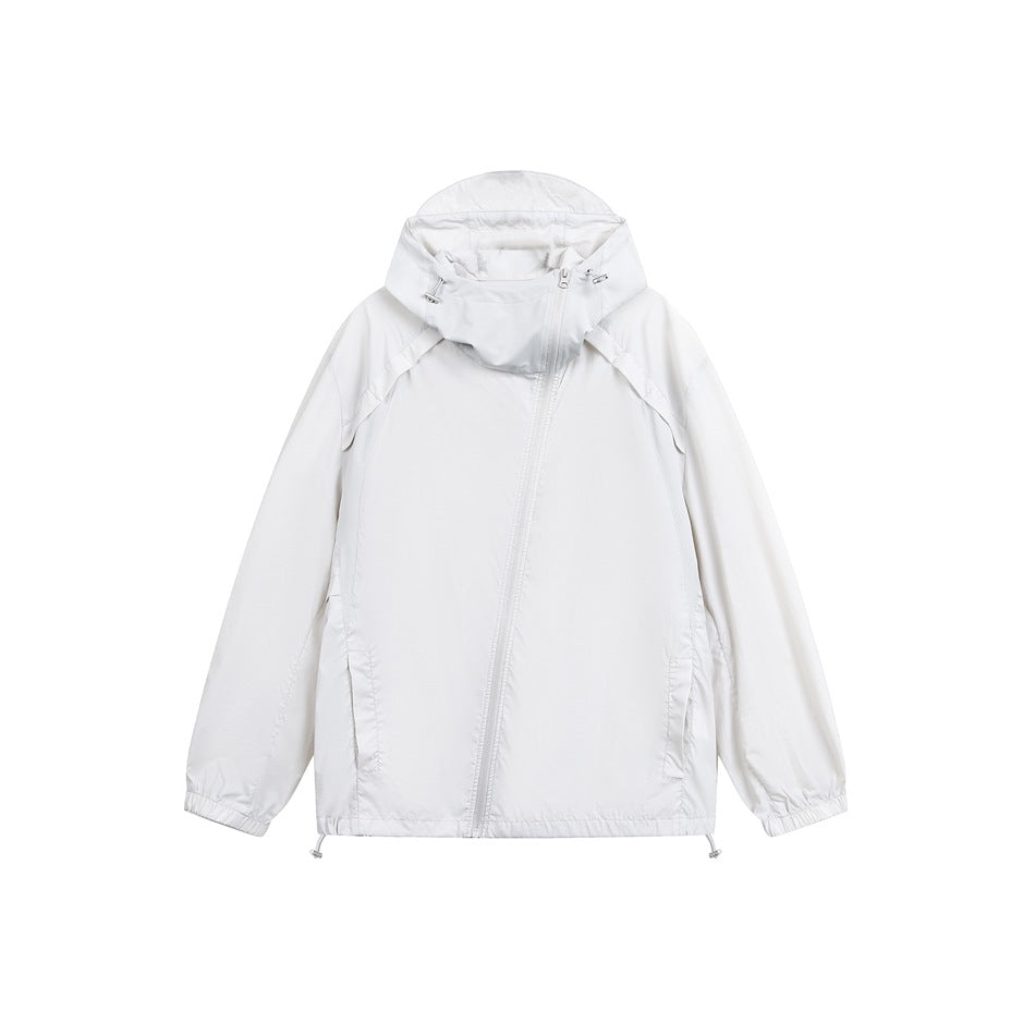 Light gray-white hooded jacket with diagonal front zipper, flat front view