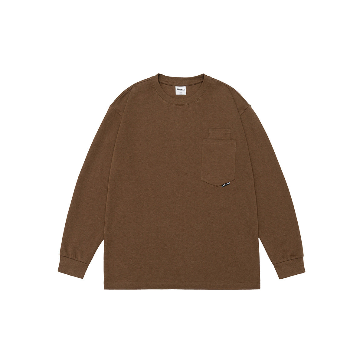 Brown long-sleeve crew-neck top flat lay with ribbed cuffs and a chest patch pocket