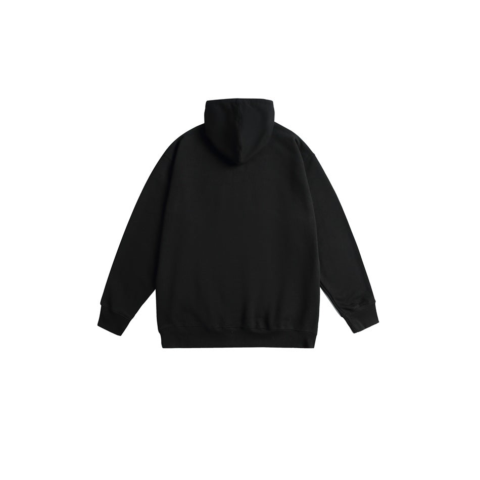 Back view of a plain black pullover hoodie with a hood, long sleeves, ribbed cuffs, and hem.