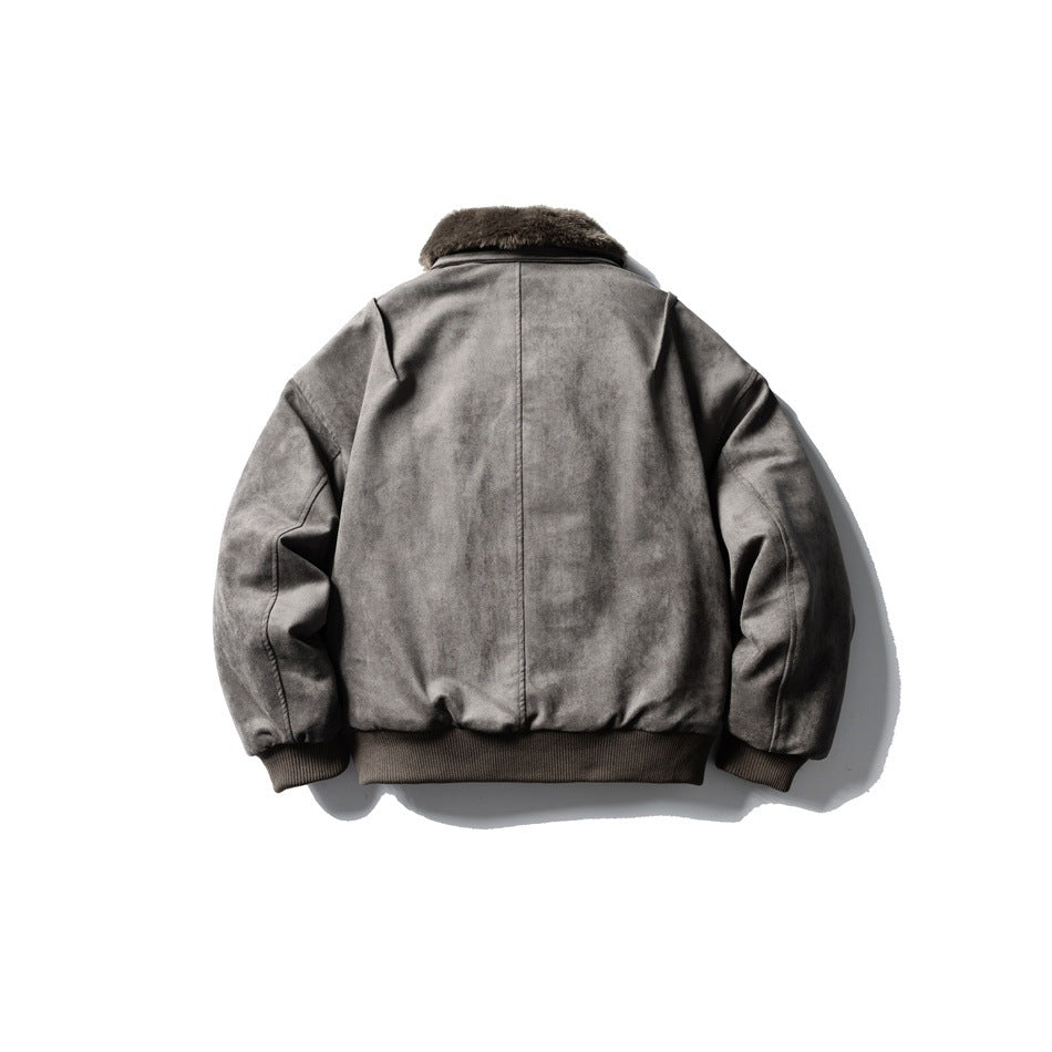 Back view of gray suede-look bomber jacket with faux-fur collar, center back seam and ribbed hem