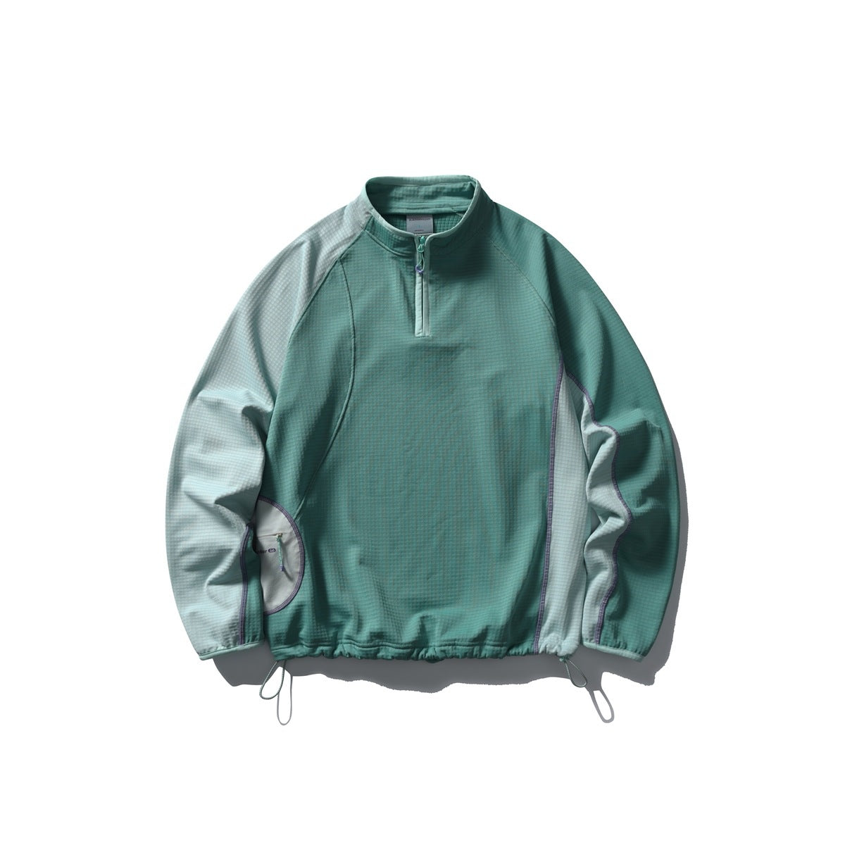 Teal green half-zip pullover with pale mint sleeves, purple contrast stitching and drawcord hem, flat lay