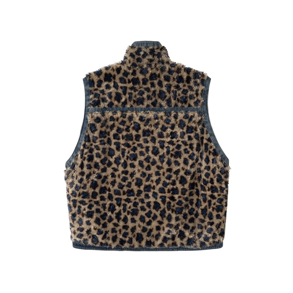 Back view of a tan and navy leopard-pattern sleeveless vest with denim trim and a horizontal back seam.