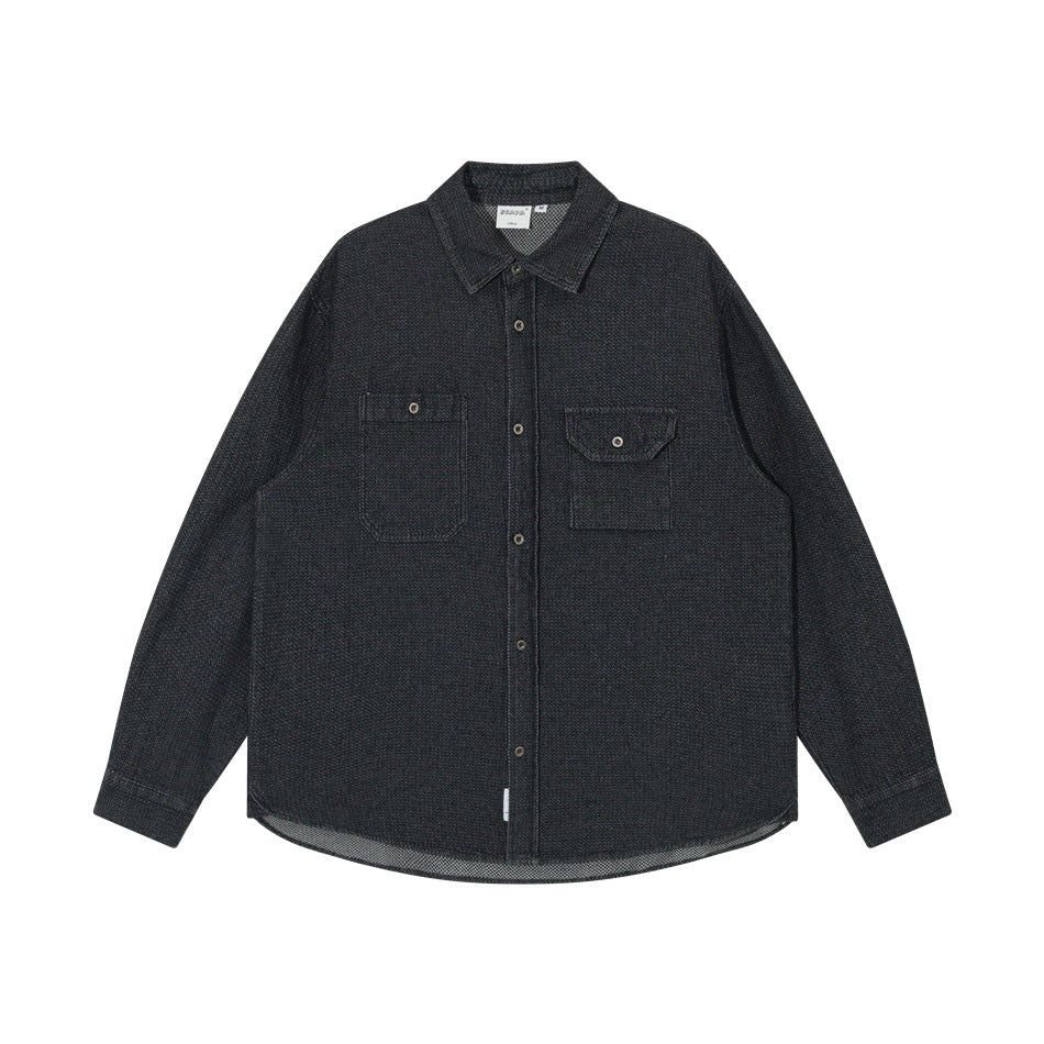 Black textured denim-look long-sleeve button-front shirt with two chest pockets, flat view