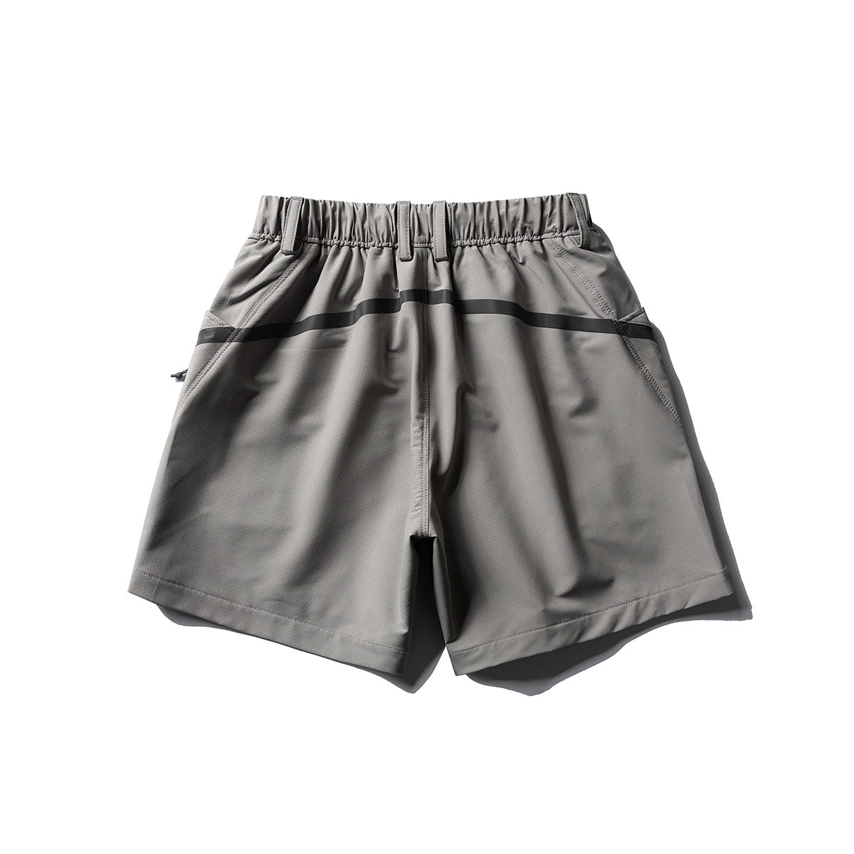 Front view of light gray shorts with an elastic waistband, belt loops, angled pockets, and a black horizontal stripe.