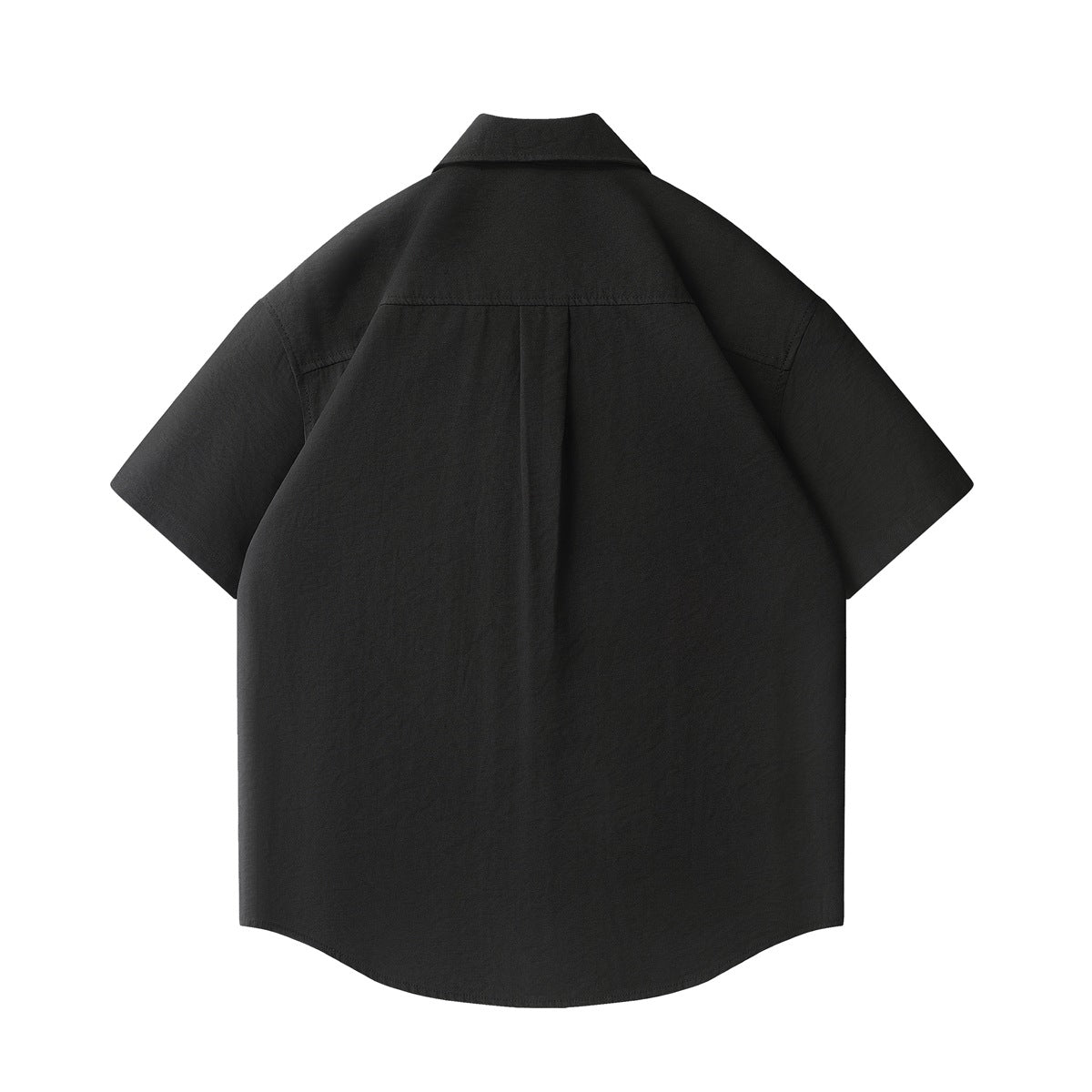 Back view of a black short-sleeve button-up shirt with a pointed collar and center pleat.
