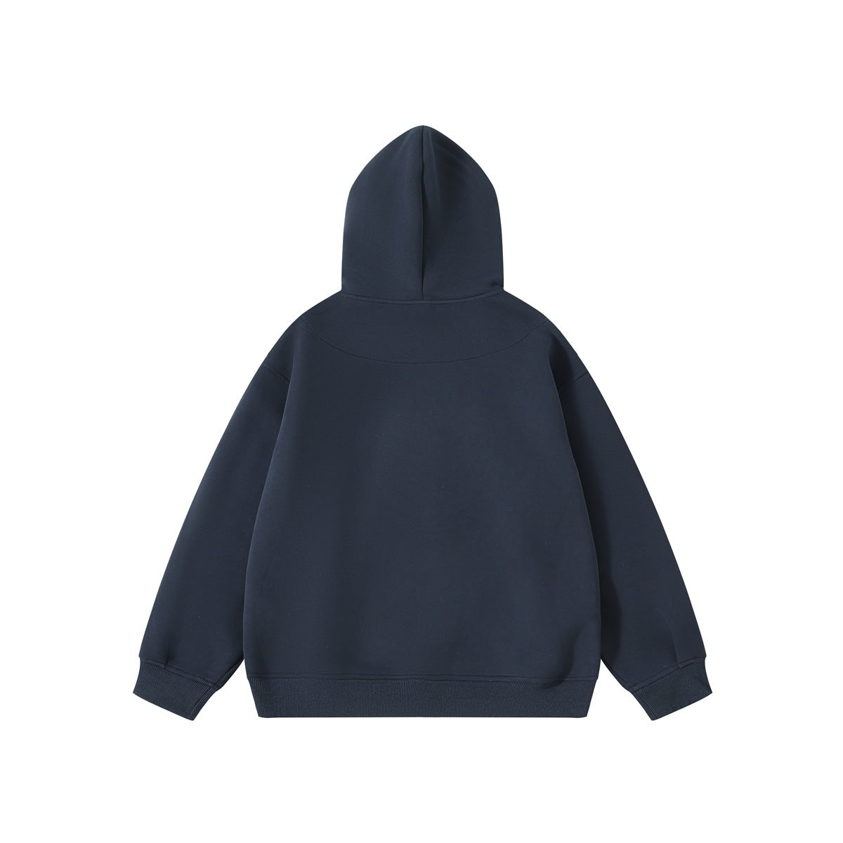 Back view of a plain dark navy hooded sweatshirt with ribbed cuffs and hem.