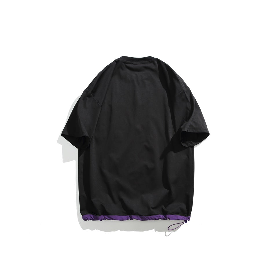 Back view of a black oversized T-shirt with a gathered purple hem and drawcord.
