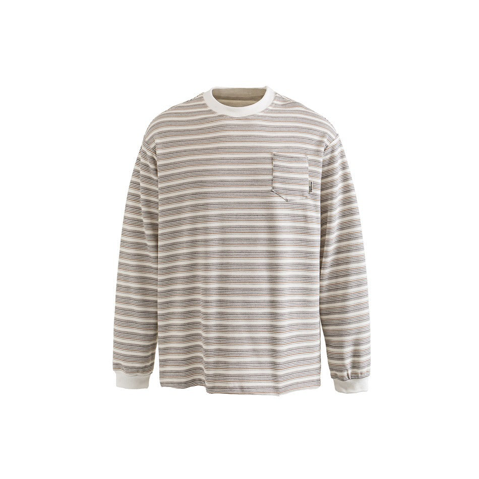 Front view of a cream long-sleeve crewneck top with fine horizontal stripes, a chest pocket, and matching cuffs.