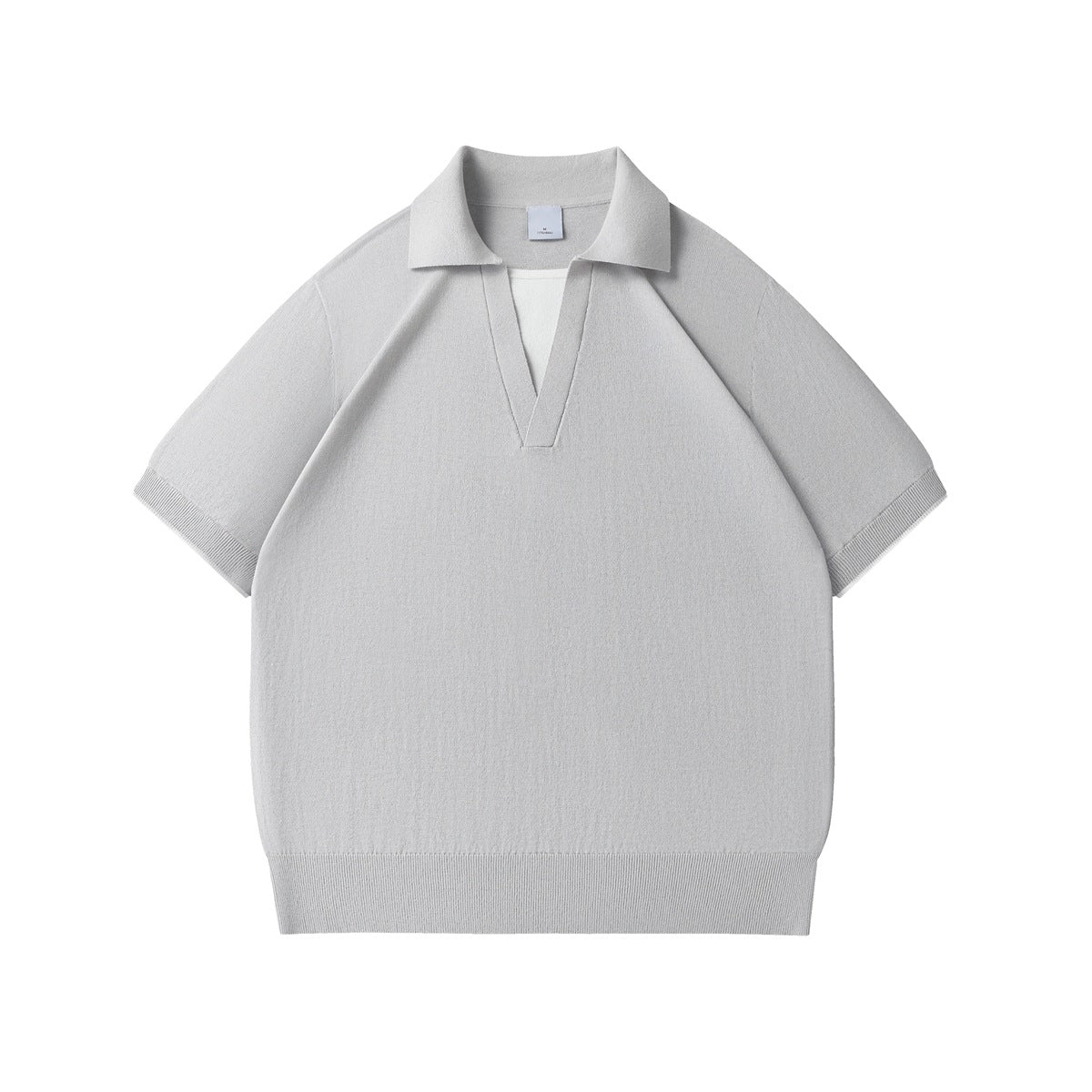 Light gray knit short-sleeve polo top with open V-neck, white inner layer at neckline, ribbed cuffs and hem, flat front