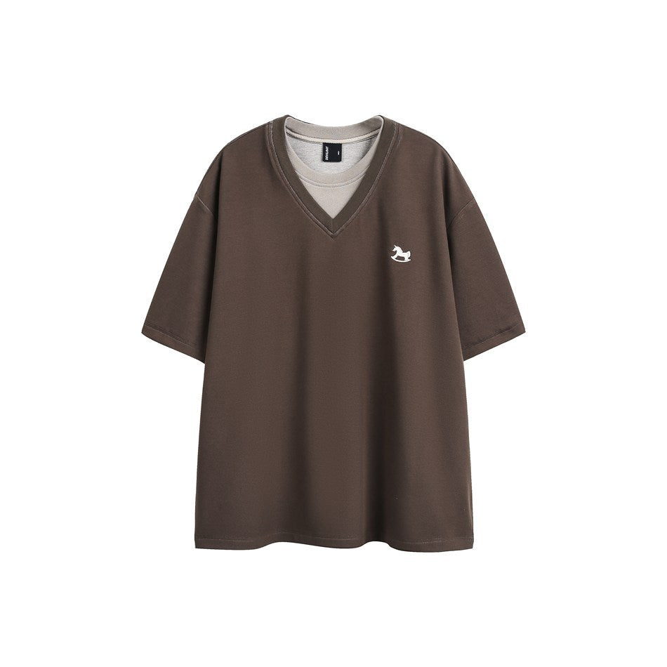 Brown short-sleeve V-neck layered-look T-shirt with white rocking horse motif on the chest, flat front view
