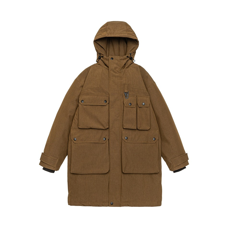 Brown longline hooded padded jacket with multiple snap flap pockets, flat front view on white background