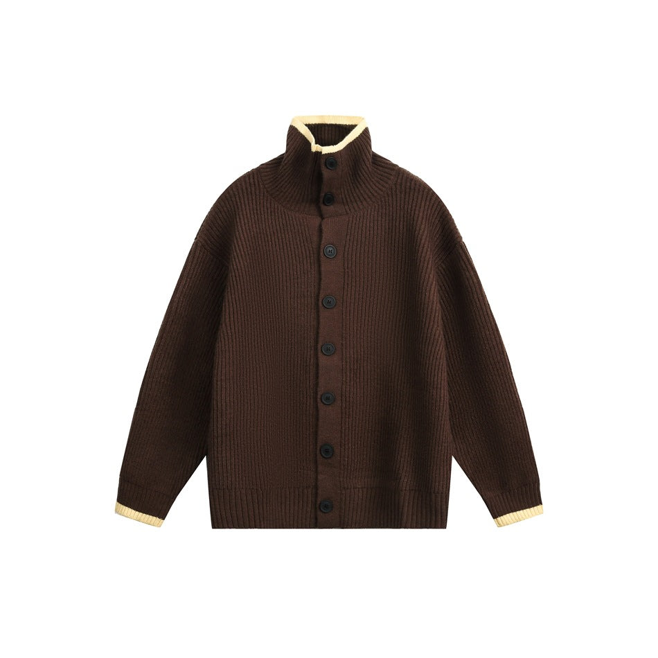 Brown ribbed-knit button-front cardigan with stand collar and pale yellow trim on collar and cuffs, flat lay
