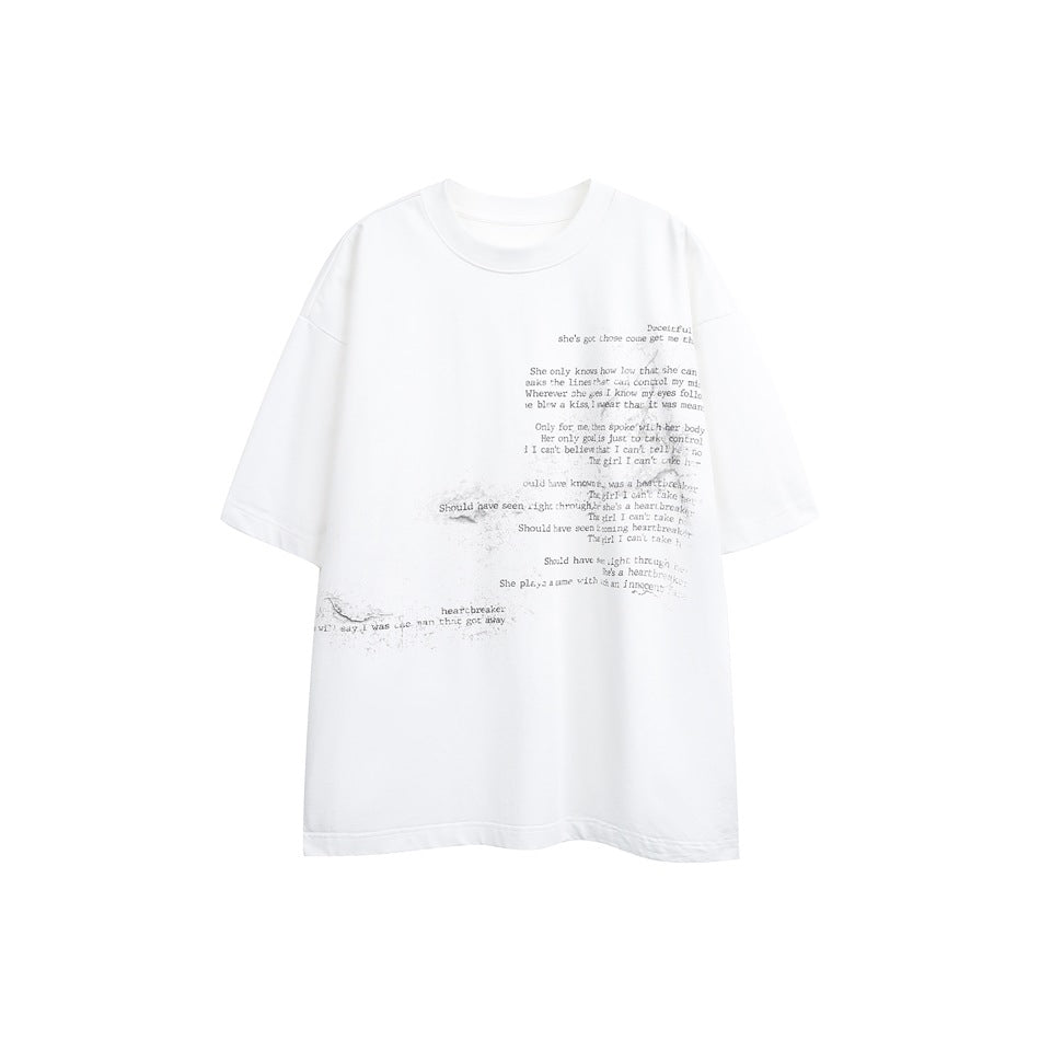 White short-sleeve crew-neck T-shirt with distressed typewriter-style lyric text print on the front, flat lay