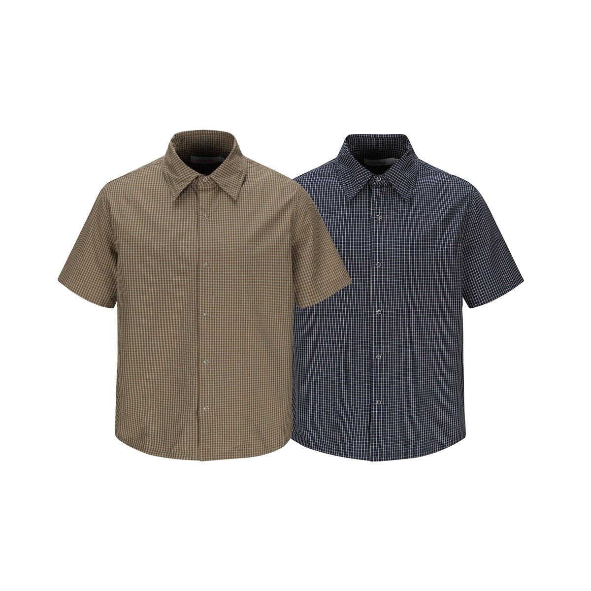 Two short-sleeved checked button-up shirts shown from the front, in tan and dark navy.