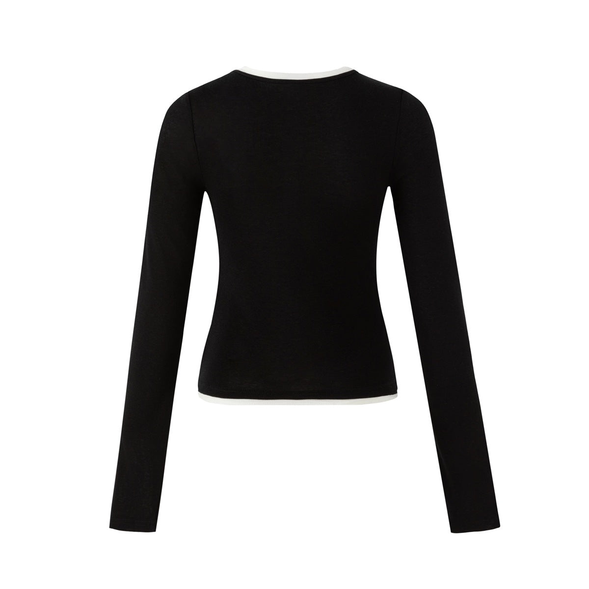 Back view of a plain black long-sleeve top with narrow white trim at the neckline and hem.