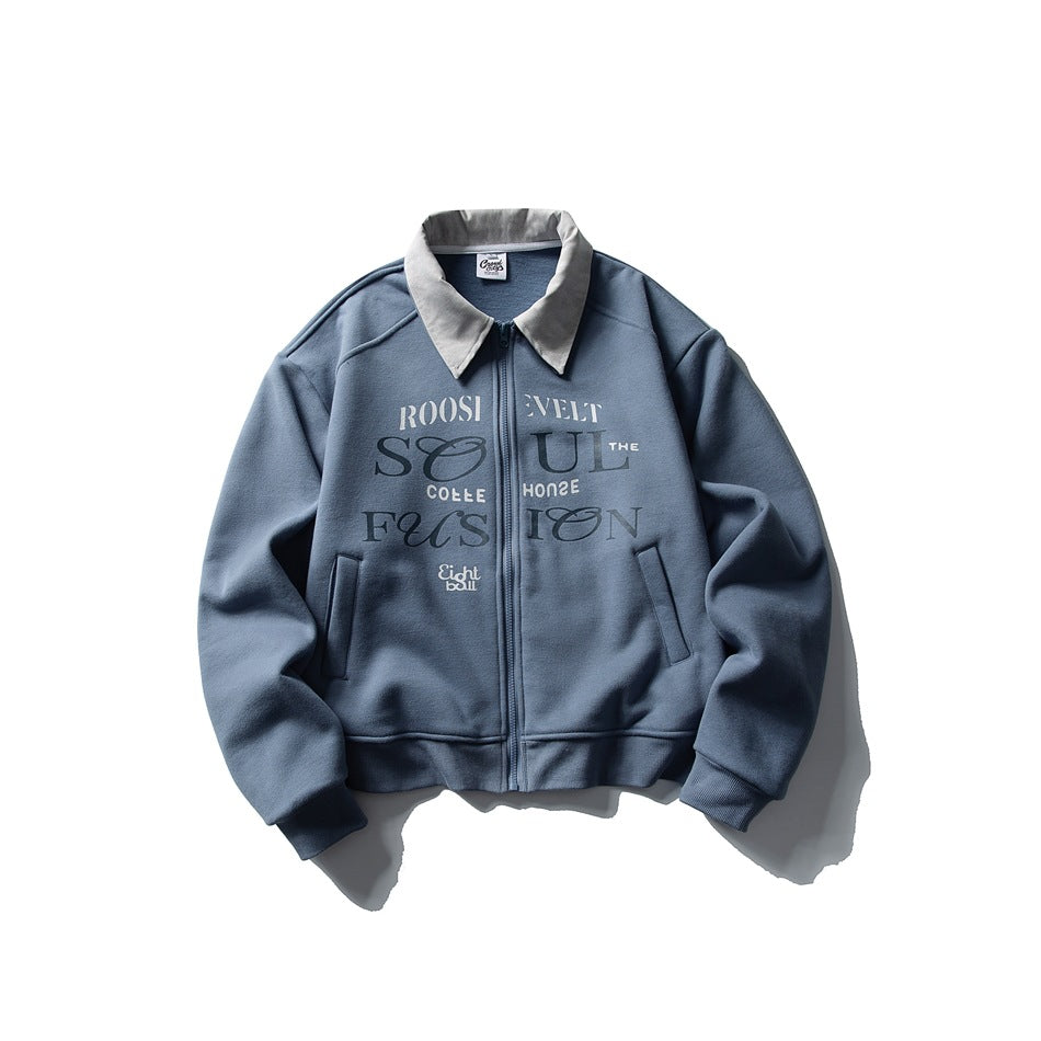 Haze blue zip-up jacket with light gray collar, chest lettering print, slanted pockets and ribbed hem, flat lay