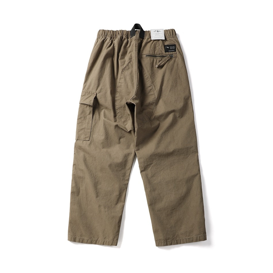 Khaki cargo pants back view showing elastic waistband, curved back panel seam, zip pocket and side cargo pocket