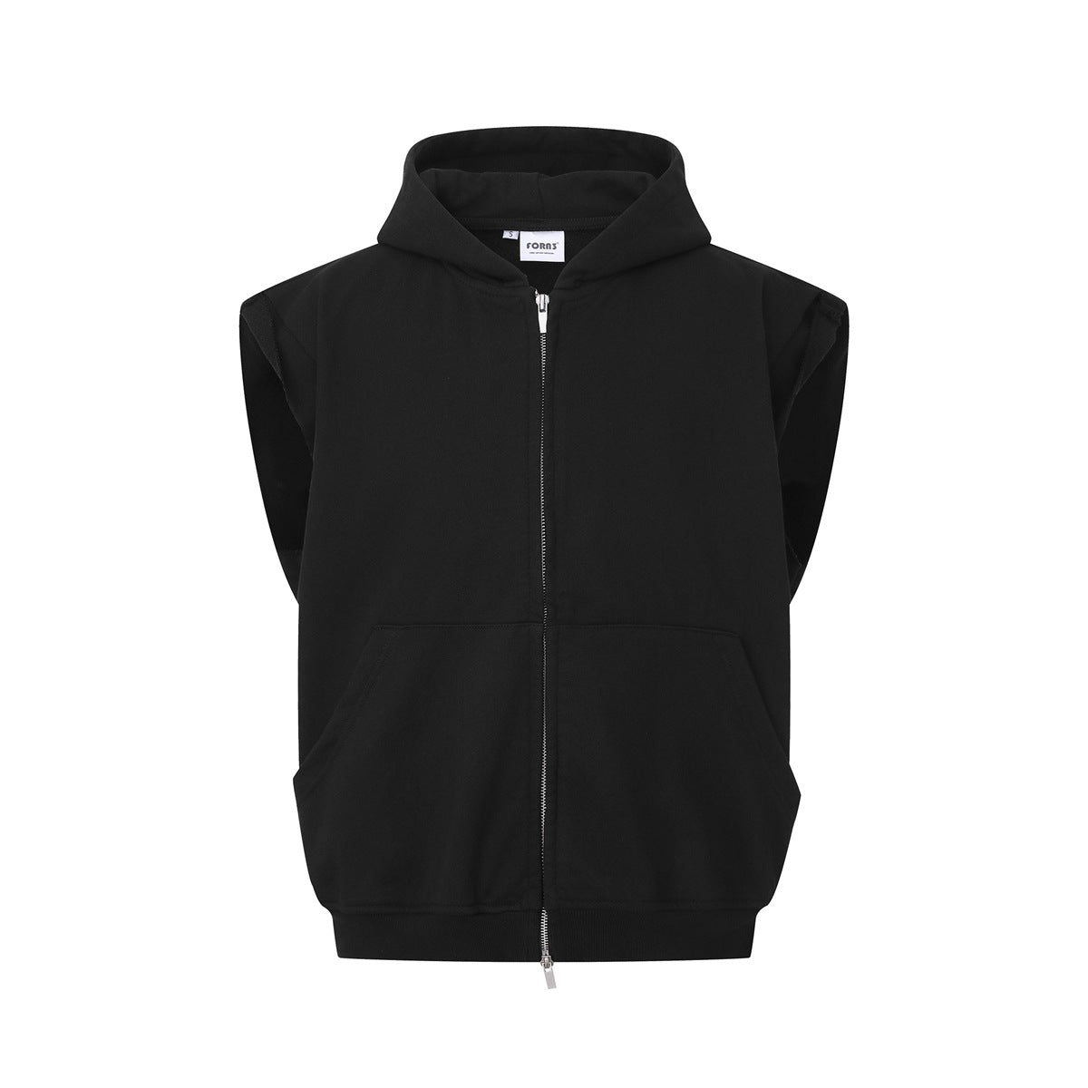 Black sleeveless zip-up hooded vest, flat front view with metal zipper and pouch pocket