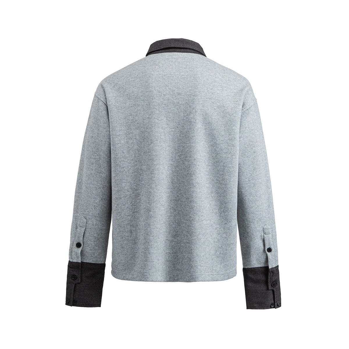 Back view of a light gray long-sleeve shirt with a dark collar and dark buttoned cuffs.