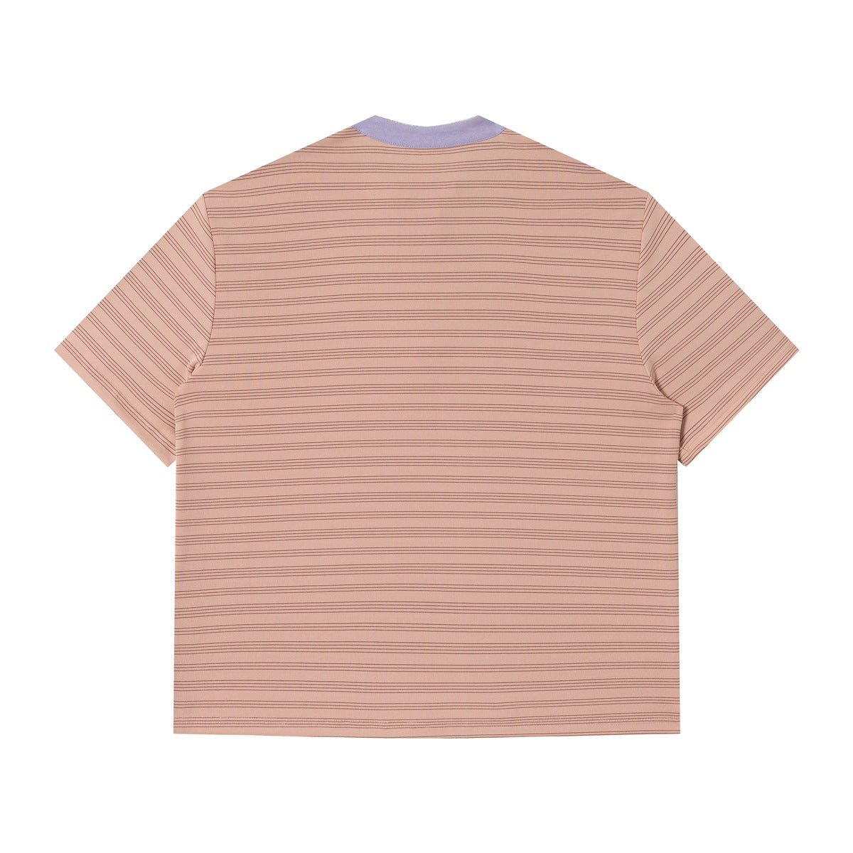 Back view of blush pink pinstriped short-sleeve T-shirt with lavender collar, flat lay