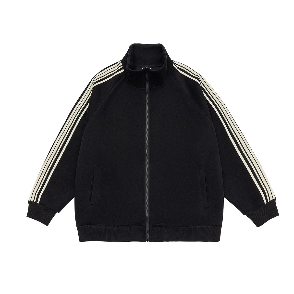 Black zip-up track jacket with stand collar and cream and black striped sleeves, flat front view