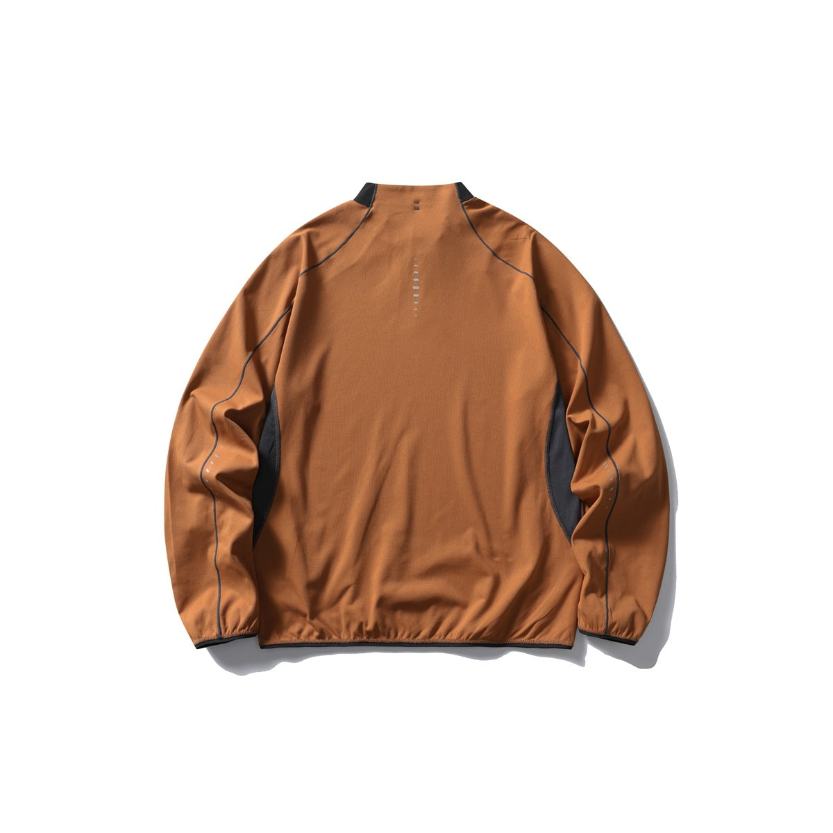 Back view of a rust-brown long-sleeve pullover with a high collar, dark side panels and contrast piping.