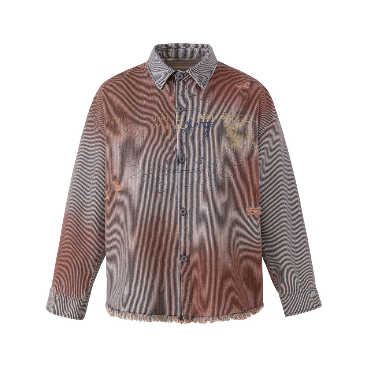 Brown and gray pinstripe shirt jacket with faded sprayed wash, distressed holes, chest prints and frayed hem, front view