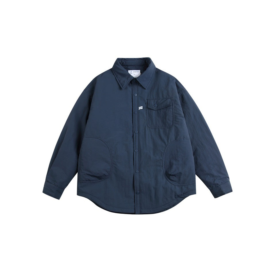 Navy blue shirt-style jacket flat lay, front view, with snap buttons, chest flap pocket and curved side pockets