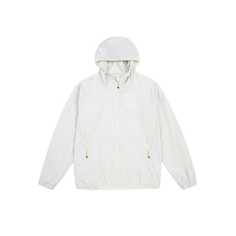 Off-white hooded full-zip jacket with gathered cuffs and yellow zipper pulls, flat front view
