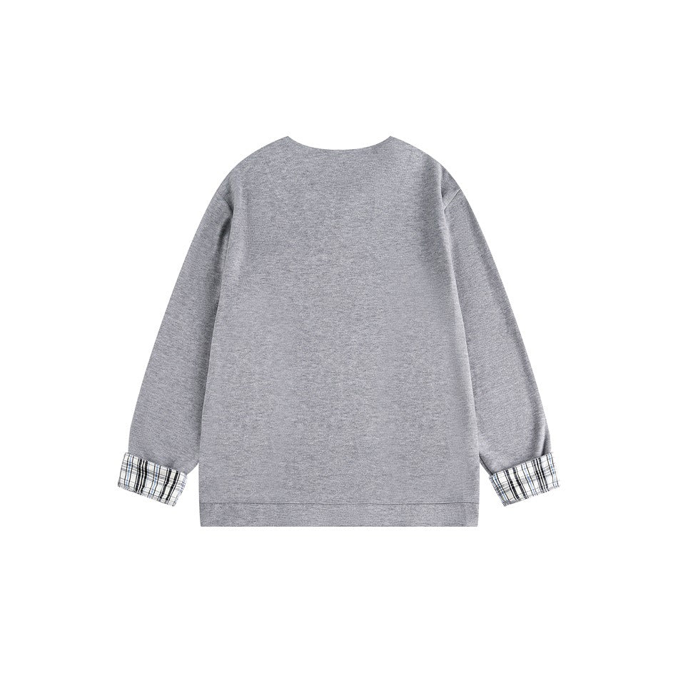 Back view of a light gray long-sleeve sweatshirt with plaid turned-back cuffs on a white background.