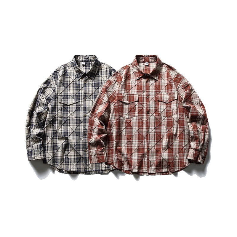 Two button-front plaid shirts with diamond stitching, shown in gray and rust red colorways.